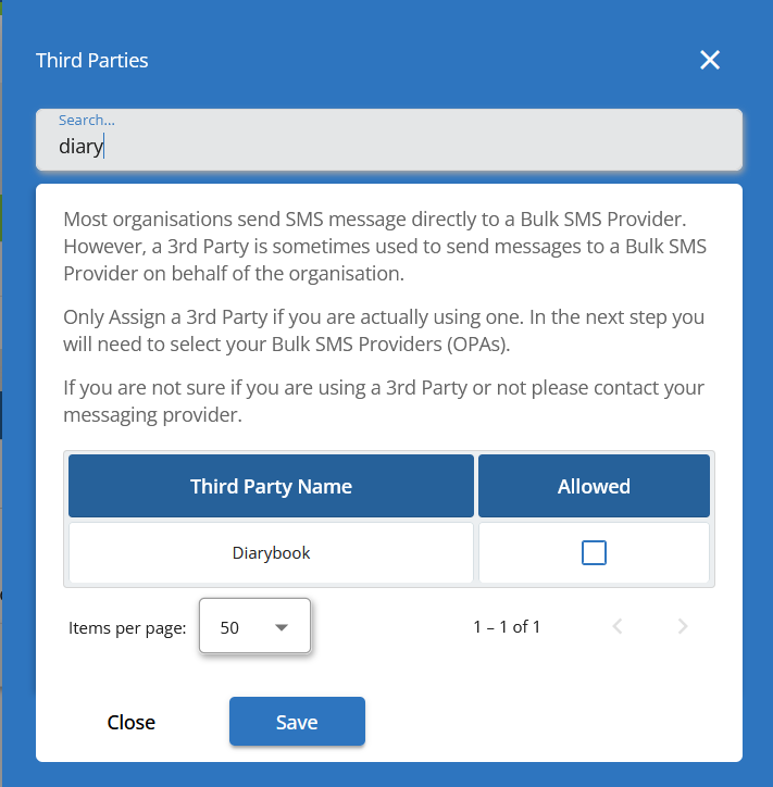 ComReg&rsquo;s Assign 3rd Party screen with Diarybook selected as the third party provider