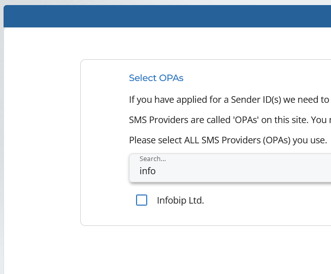 ComReg&rsquo;s Select OPAs screen with Infobip selected